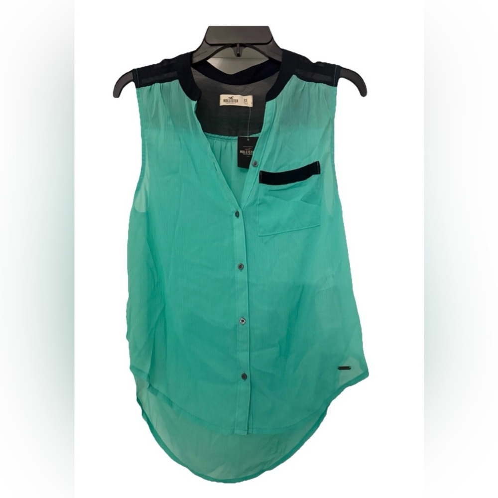 Hollister Women’s Sheer Green & Navy High Low Sleeveless Blouse Size XS NWT